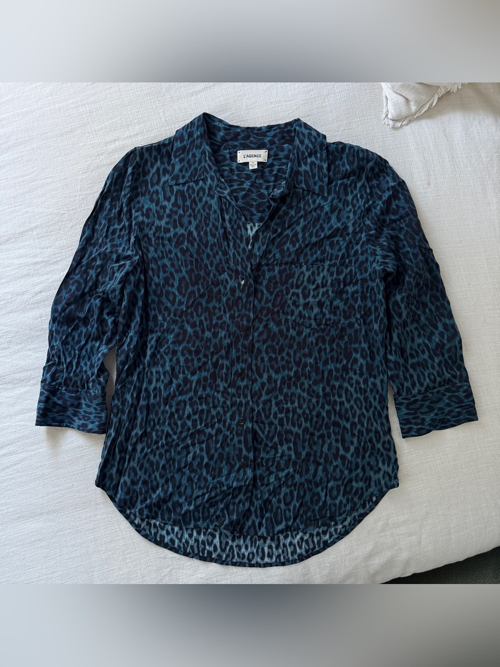 L’AGENCE Dark Teal Black Leopard Print Button Down Blouse S Quiet Luxury Boho